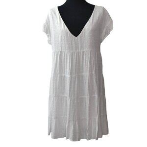 Socialite White Swiss Dot Tiered V-Neck Short Sleeve Dress S Boho BabyDoll